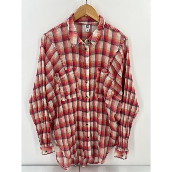 BDG Women M Oversized Long Sleeve Button Down Pink Plaid Lightweight Layering - Picture 1 of 11
